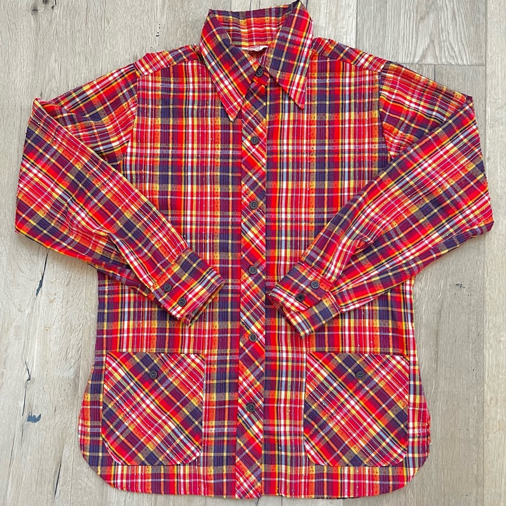 Vintage 1970’s Laura Mae LifePress Swiss Dot multi color plaid l/s blouse